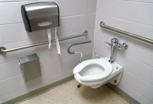 Close up on toilet with assistant handle